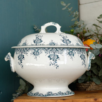 "ACACIA" Motif Moulins des Loups et Hamage Nord French Antique Ironstone Blue Transferware Soup Tureen "Soupiere" Terre de fer en Faience