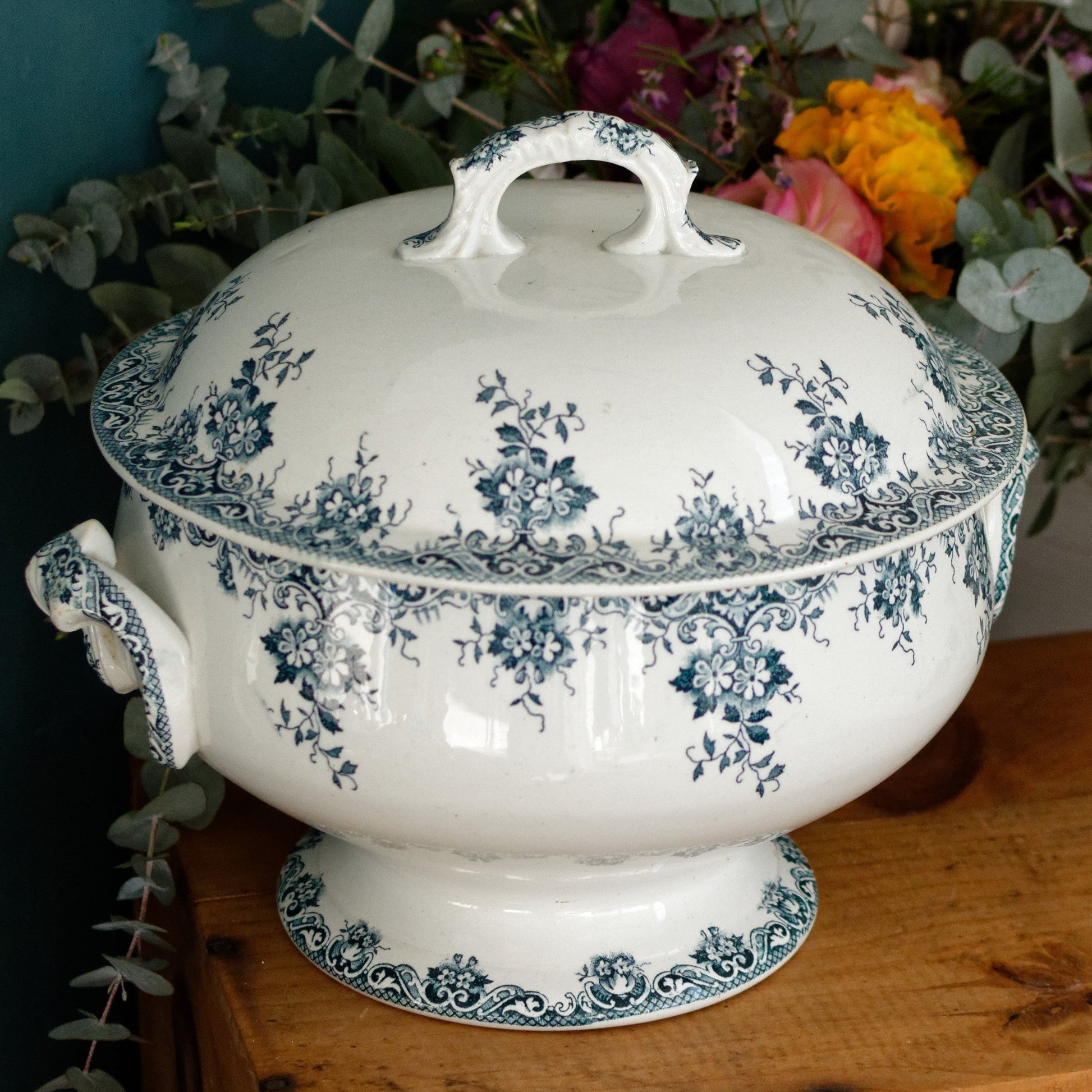"ACACIA" Motif Moulins des Loups et Hamage Nord French Antique Ironstone Blue Transferware Soup Tureen "Soupiere" Terre de fer en Faience