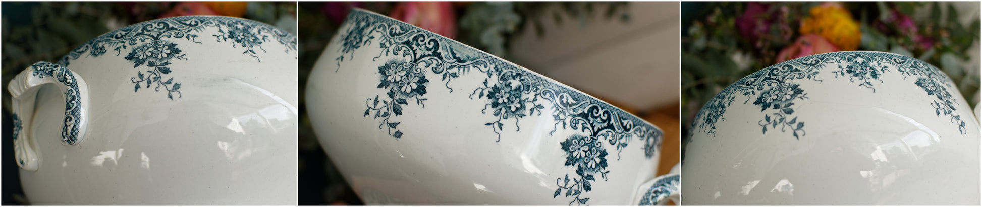 "ACACIA" Motif Moulins des Loups et Hamage Nord French Antique Ironstone Blue Transferware Soup Tureen "Soupiere" Terre de fer en Faience