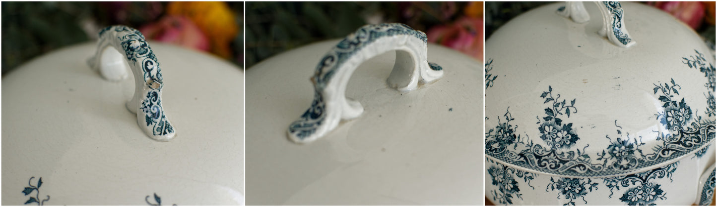 1920s ~ "ACACIA" Moulins des Loups et Hamage Nord ~ French Antique Ironstone Blue Transferware Soup Tureen "Soupiere" ~ Terre de fer en Faience