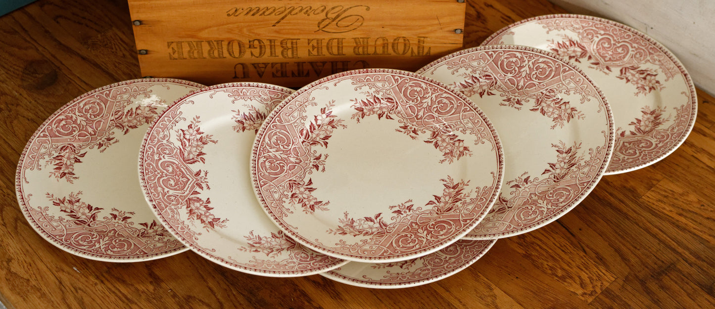 ALICE motif Boch Freres (BF) Belgian Antique Ironstone Red Transferware Dinner Plate Terre de Fer en Faience