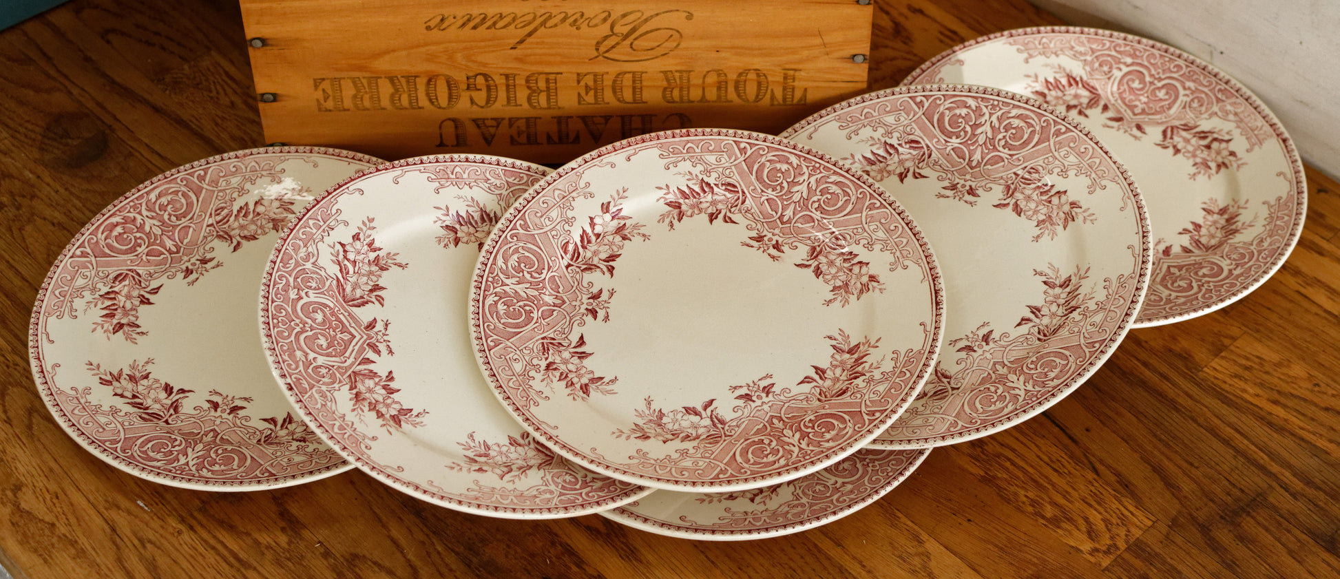 ALICE motif Boch Freres (BF) Belgian Antique Ironstone Red Transferware Dinner Plate Terre de Fer en Faience
