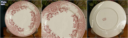 ALICE motif Boch Freres (BF) Belgian Antique Ironstone Red Transferware Dinner Plate Terre de Fer en Faience