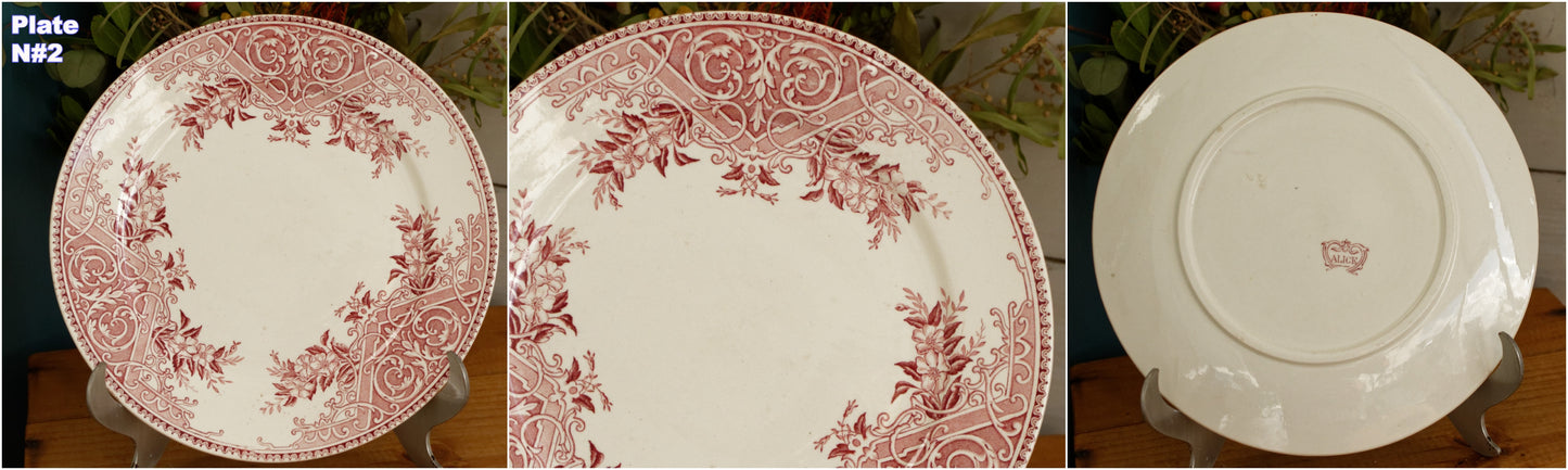 ALICE motif Boch Freres (BF) Belgian Antique Ironstone Red Transferware Dinner Plate Terre de Fer en Faience
