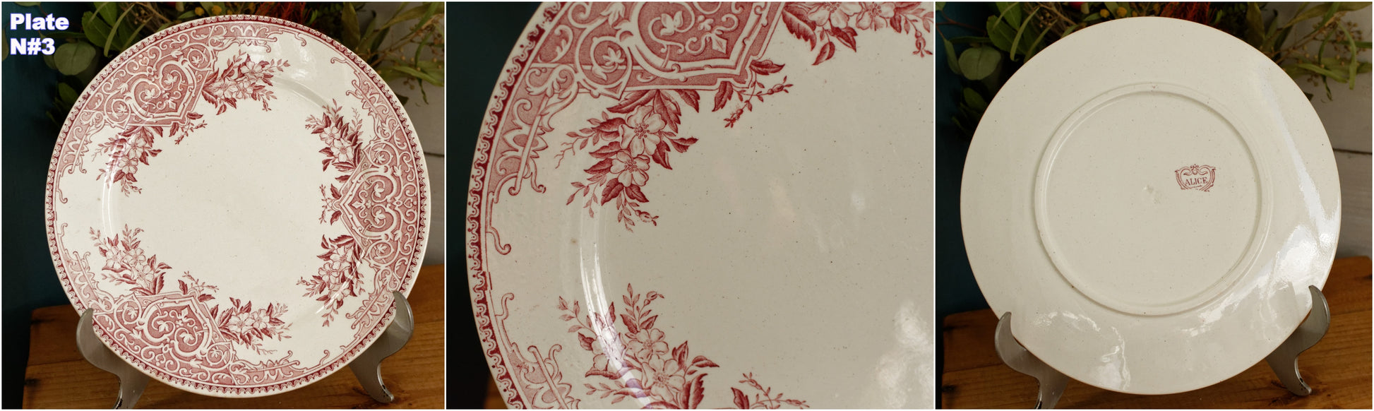 ALICE motif Boch Freres (BF) Belgian Antique Ironstone Red Transferware Dinner Plate Terre de Fer en Faience