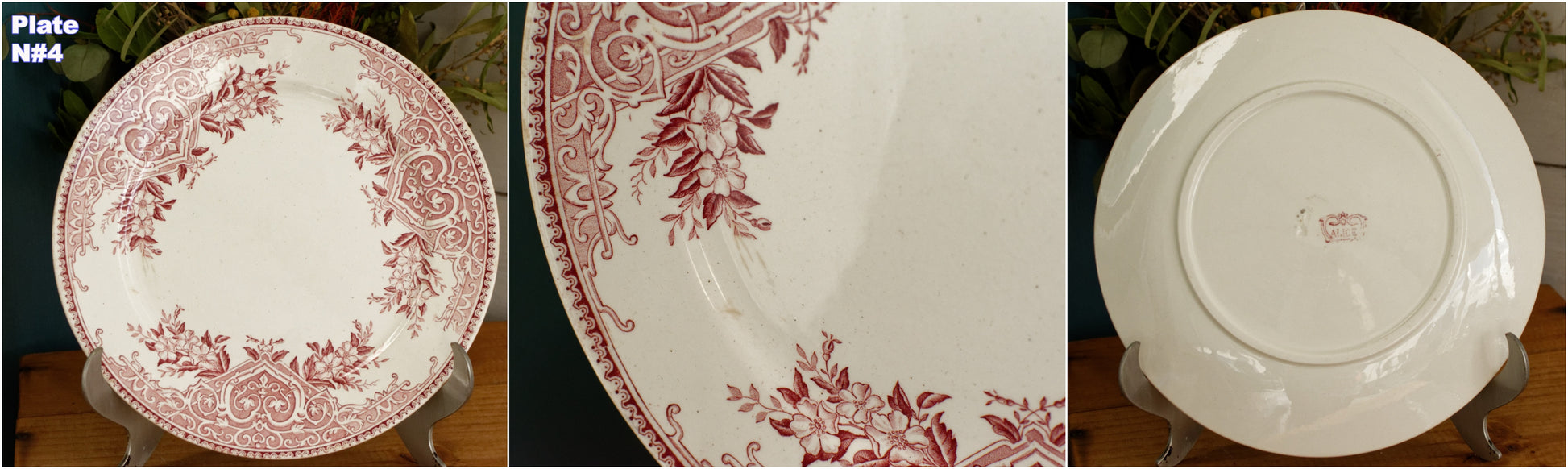 ALICE motif Boch Freres (BF) Belgian Antique Ironstone Red Transferware Dinner Plate Terre de Fer en Faience