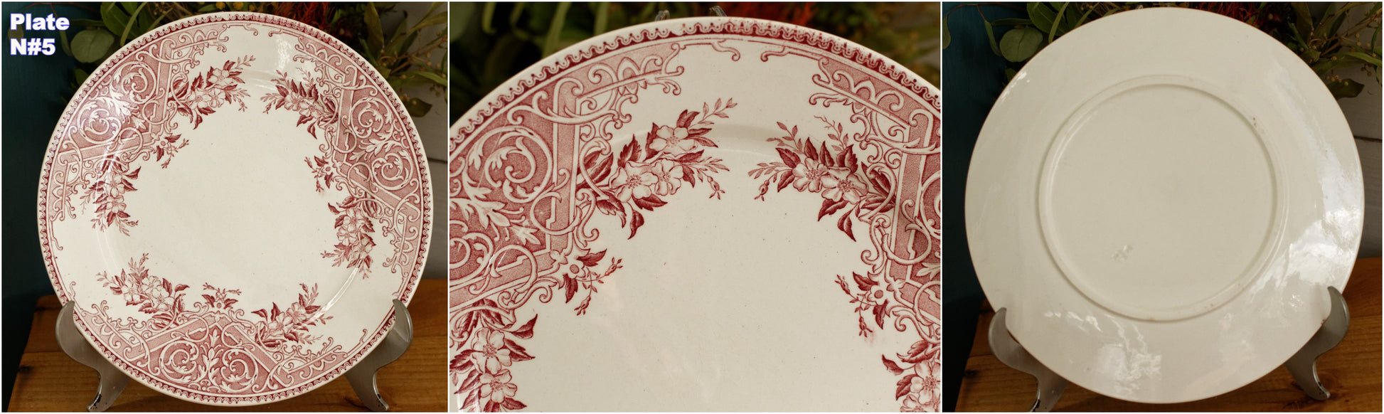 ALICE motif Boch Freres (BF) Belgian Antique Ironstone Red Transferware Dinner Plate Terre de Fer en Faience