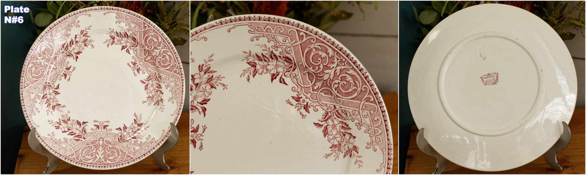 ALICE motif Boch Freres (BF) Belgian Antique Ironstone Red Transferware Dinner Plate Terre de Fer en Faience