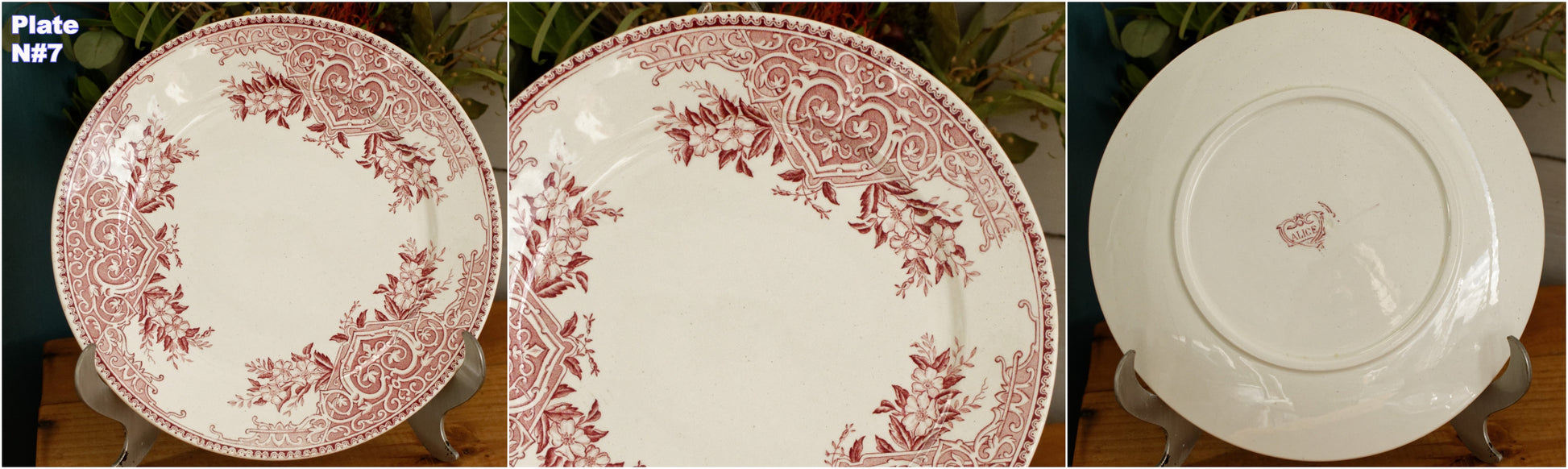 ALICE motif Boch Freres (BF) Belgian Antique Ironstone Red Transferware Dinner Plate Terre de Fer en Faience