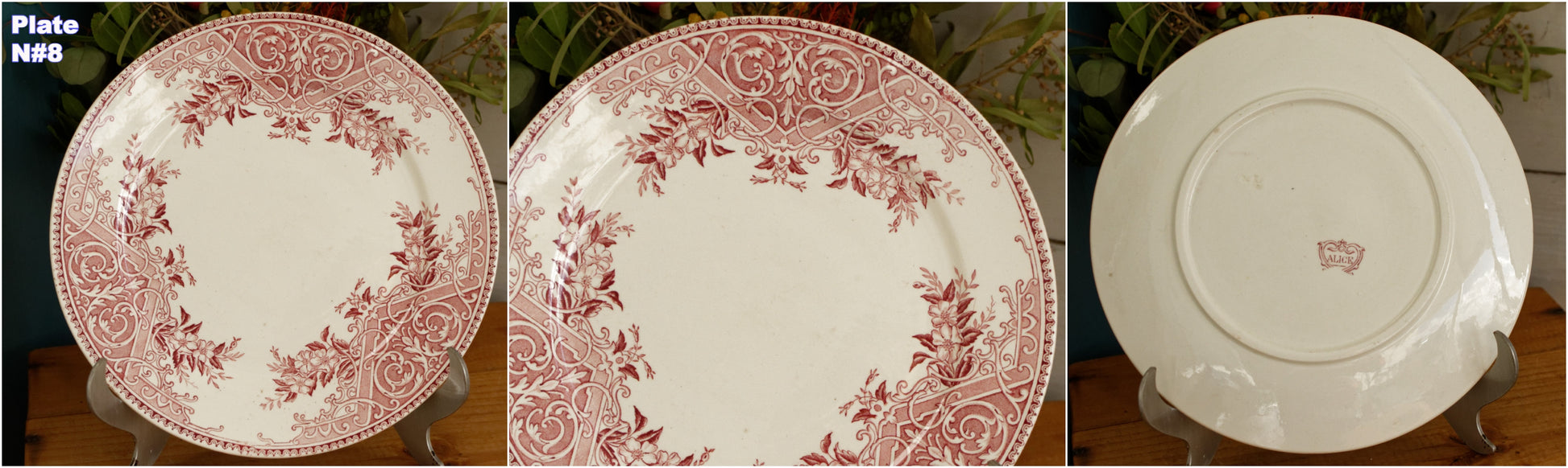 ALICE motif Boch Freres (BF) Belgian Antique Ironstone Red Transferware Dinner Plate Terre de Fer en Faience