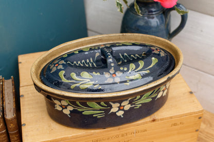 1950s ~ "La Bourguignonne" ~ French Vintage  Cobalt Blue Oval Foie Gras Lidded Terrine Pot ~ Casserole Stoneware for Pate ~ Made in France 2