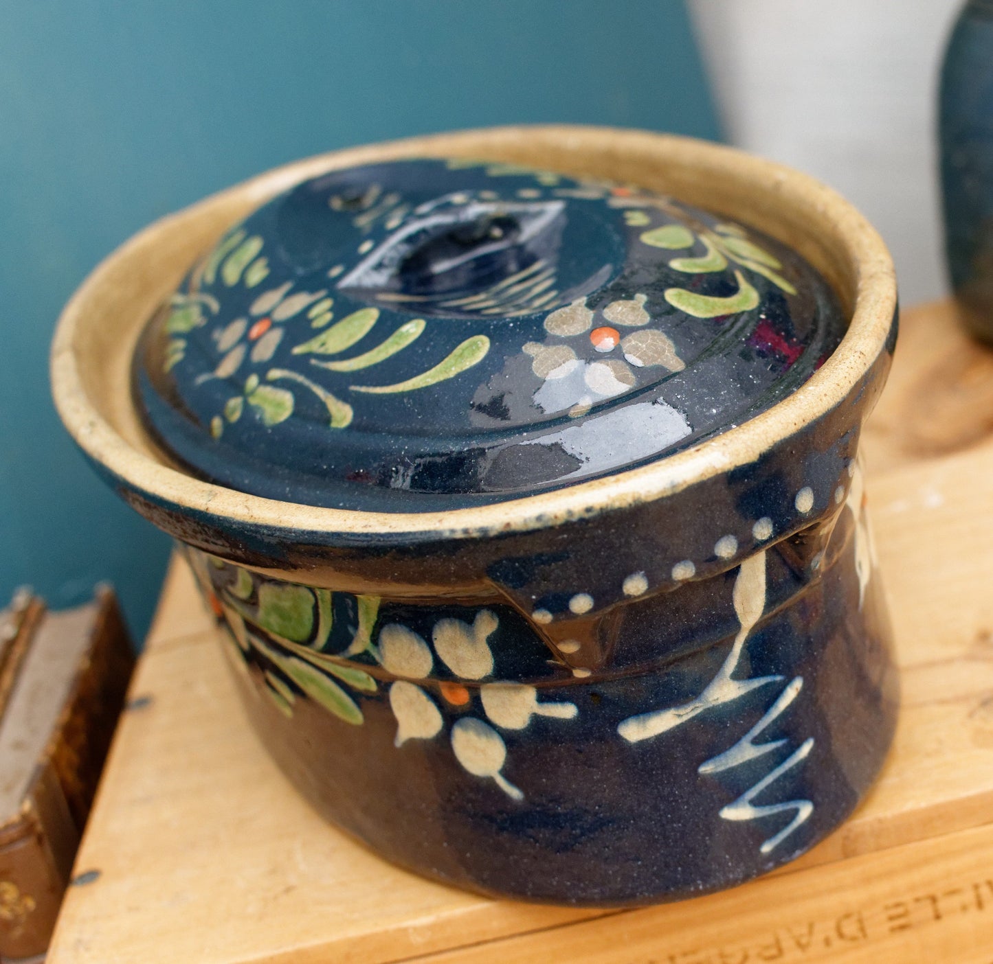 1950s ~ "La Bourguignonne" ~ French Vintage  Cobalt Blue Oval Foie Gras Lidded Terrine Pot ~ Casserole Stoneware for Pate ~ Made in France 2
