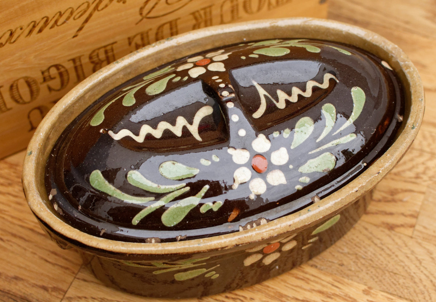 1950s ~ "La Bourguignonne" ~ French Vintage Brown Alsace Themed Oval Foie Gras Lidded Terrine Pot ~ Casserole Stoneware for Pate ~ Made in France