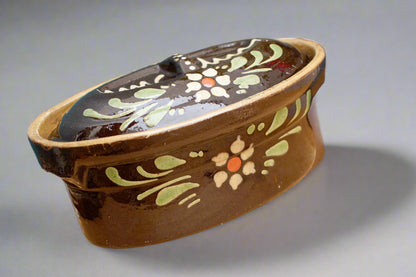 1950s ~ "La Bourguignonne" ~ French Vintage Brown Alsace Themed Oval Foie Gras Lidded Terrine Pot ~ Casserole Stoneware for Pate ~ Made in France