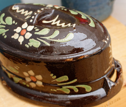 1950s ~ "La Bourguignonne" ~ French Vintage Brown Alsace Themed Oval Foie Gras Lidded Terrine Pot ~ Casserole Stoneware for Pate ~ Made in France