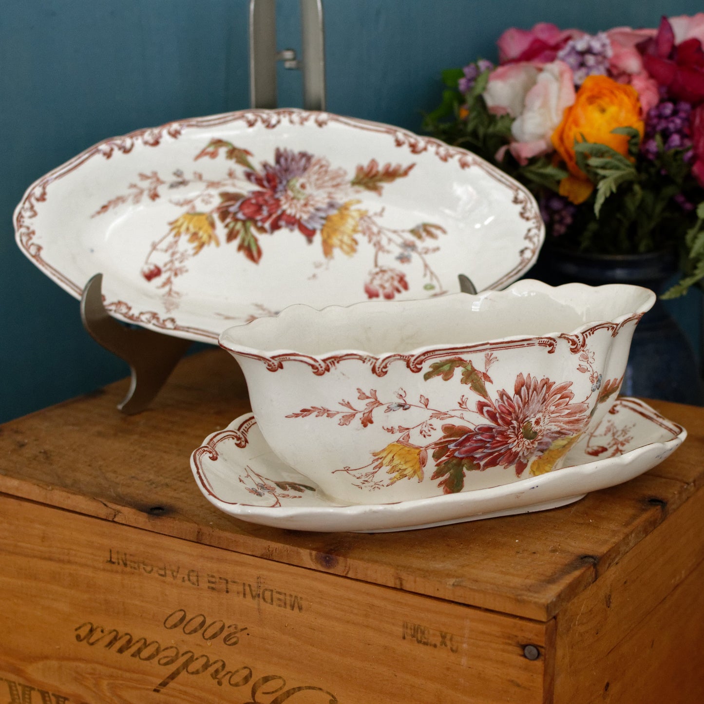 ALTHEA B&S Jules Etienne fils RARE Collectible English Antique Ironstone Polychrome Oval Serving Pieces Ravier Sauciere terre de fer faience