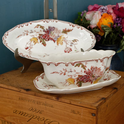 ALTHEA B&S Jules Etienne fils RARE Collectible English Antique Ironstone Polychrome Oval Serving Pieces Ravier Sauciere terre de fer faience