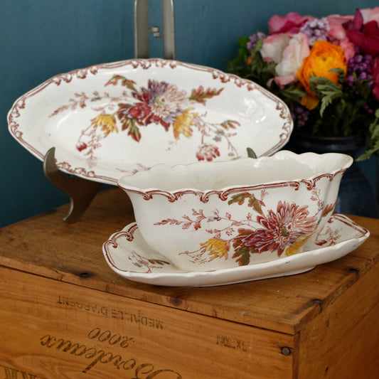 ALTHEA B&S Jules Etienne fils RARE Collectible English Antique Ironstone Polychrome Oval Serving Pieces Ravier Sauciere terre de fer faience