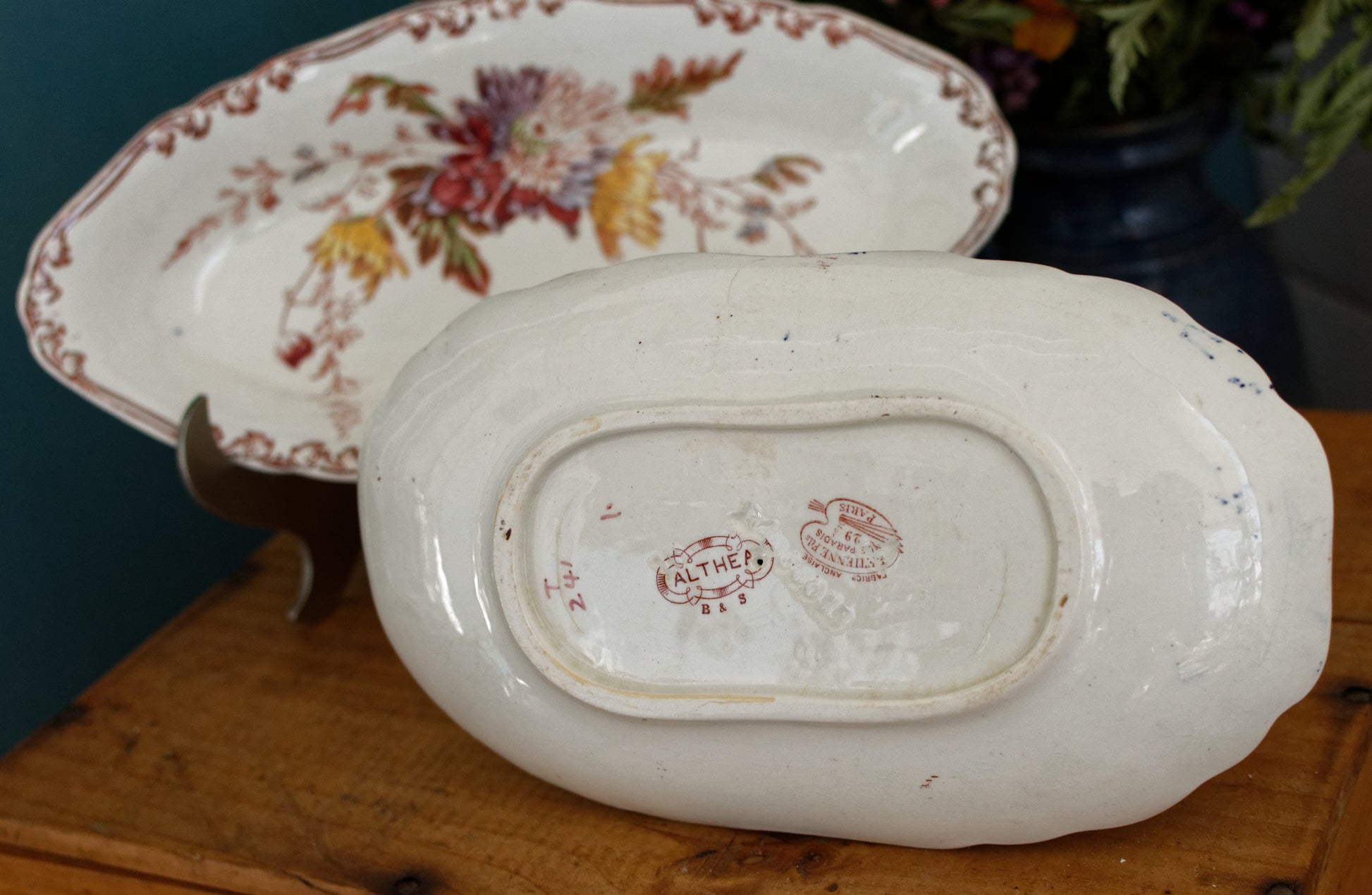 ALTHEA B&S Jules Etienne fils RARE Collectible English Antique Ironstone Polychrome Oval Serving Pieces Ravier Sauciere terre de fer faience