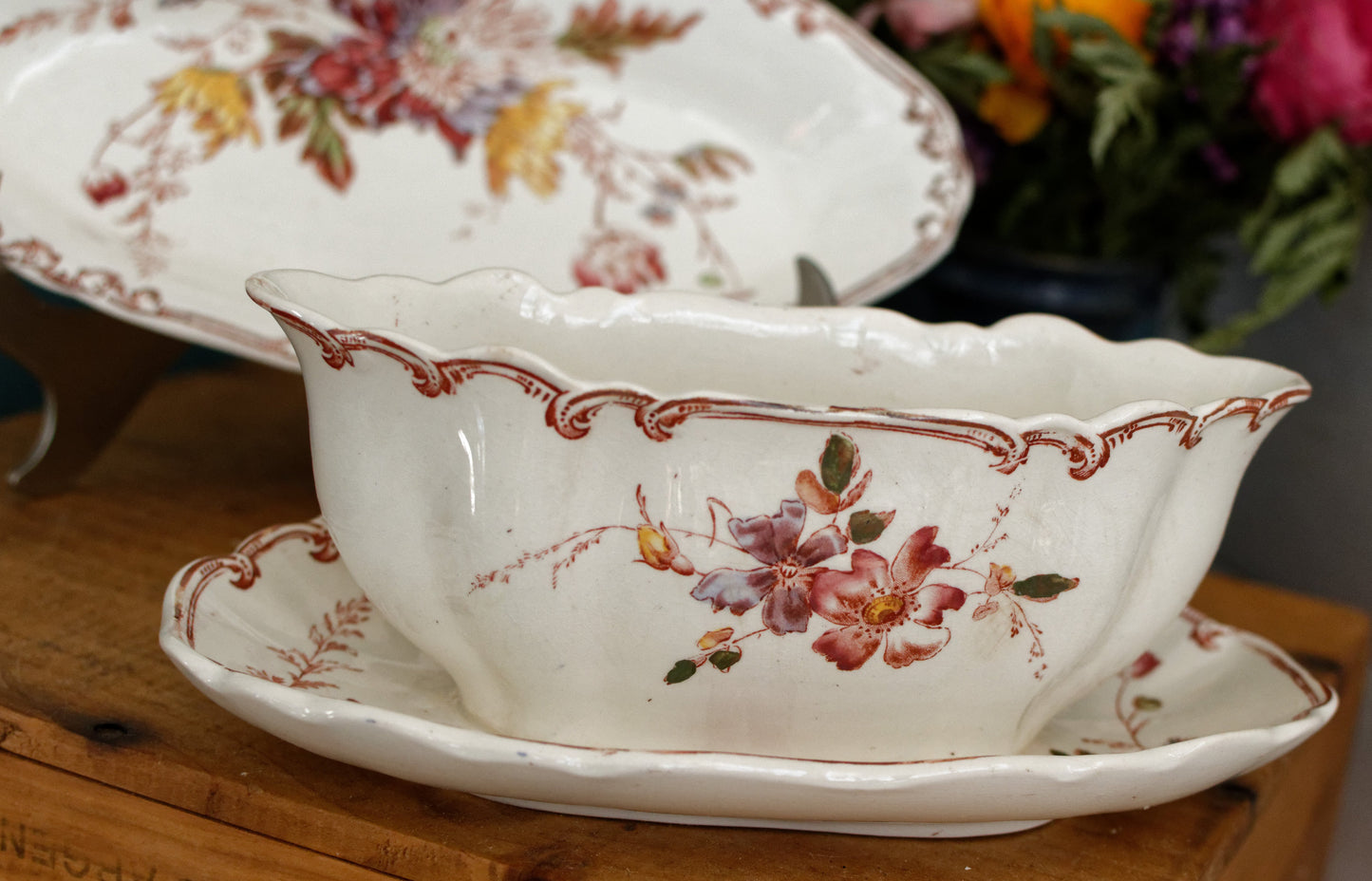 ALTHEA B&S Jules Etienne fils RARE Collectible English Antique Ironstone Polychrome Oval Serving Pieces Ravier Sauciere terre de fer faience