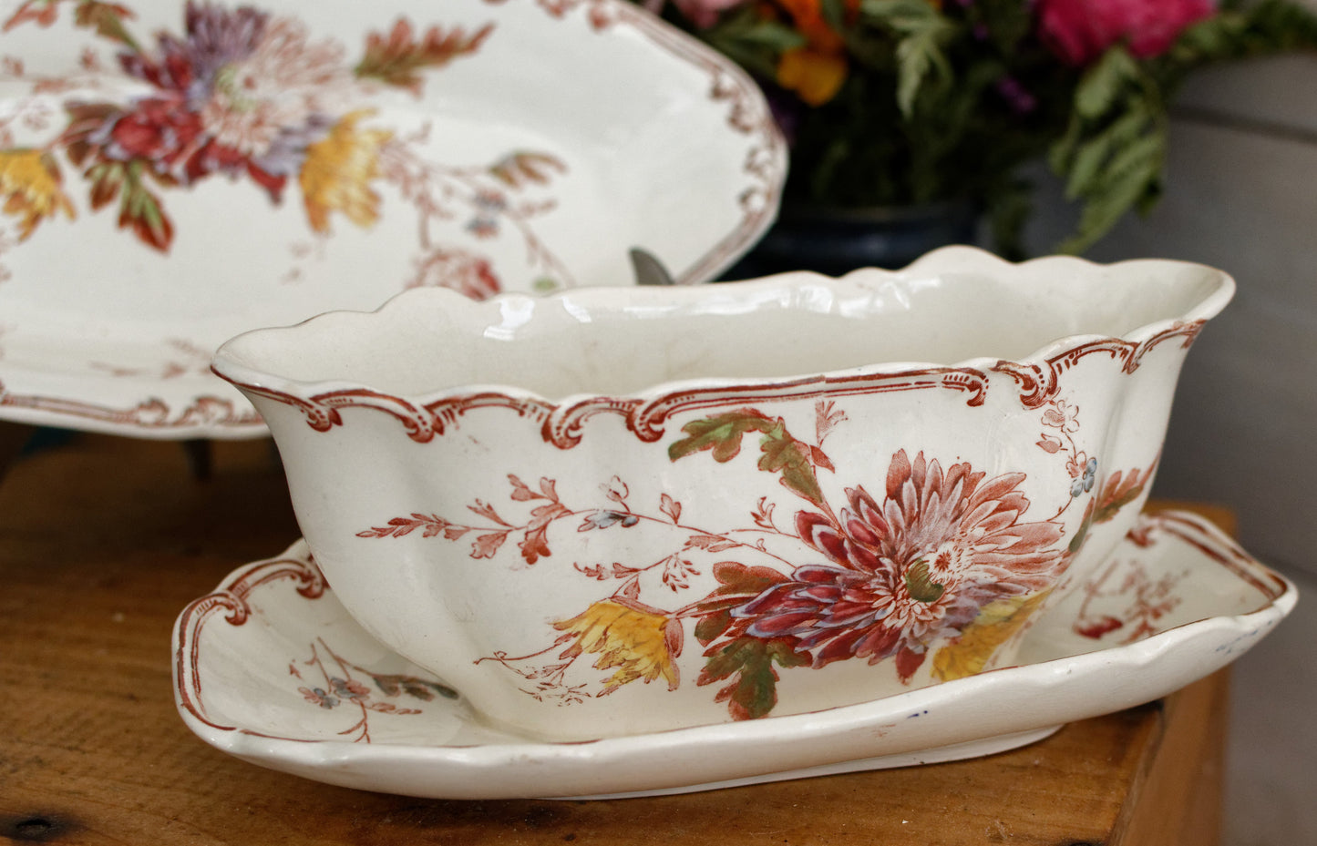 ALTHEA B&S Jules Etienne fils RARE Collectible English Antique Ironstone Polychrome Oval Serving Pieces Ravier Sauciere terre de fer faience