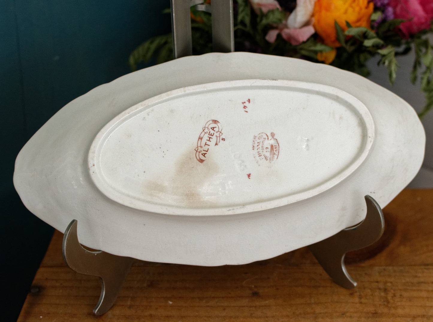 ALTHEA B&S Jules Etienne fils RARE Collectible English Antique Ironstone Polychrome Oval Serving Pieces Ravier Sauciere terre de fer faience