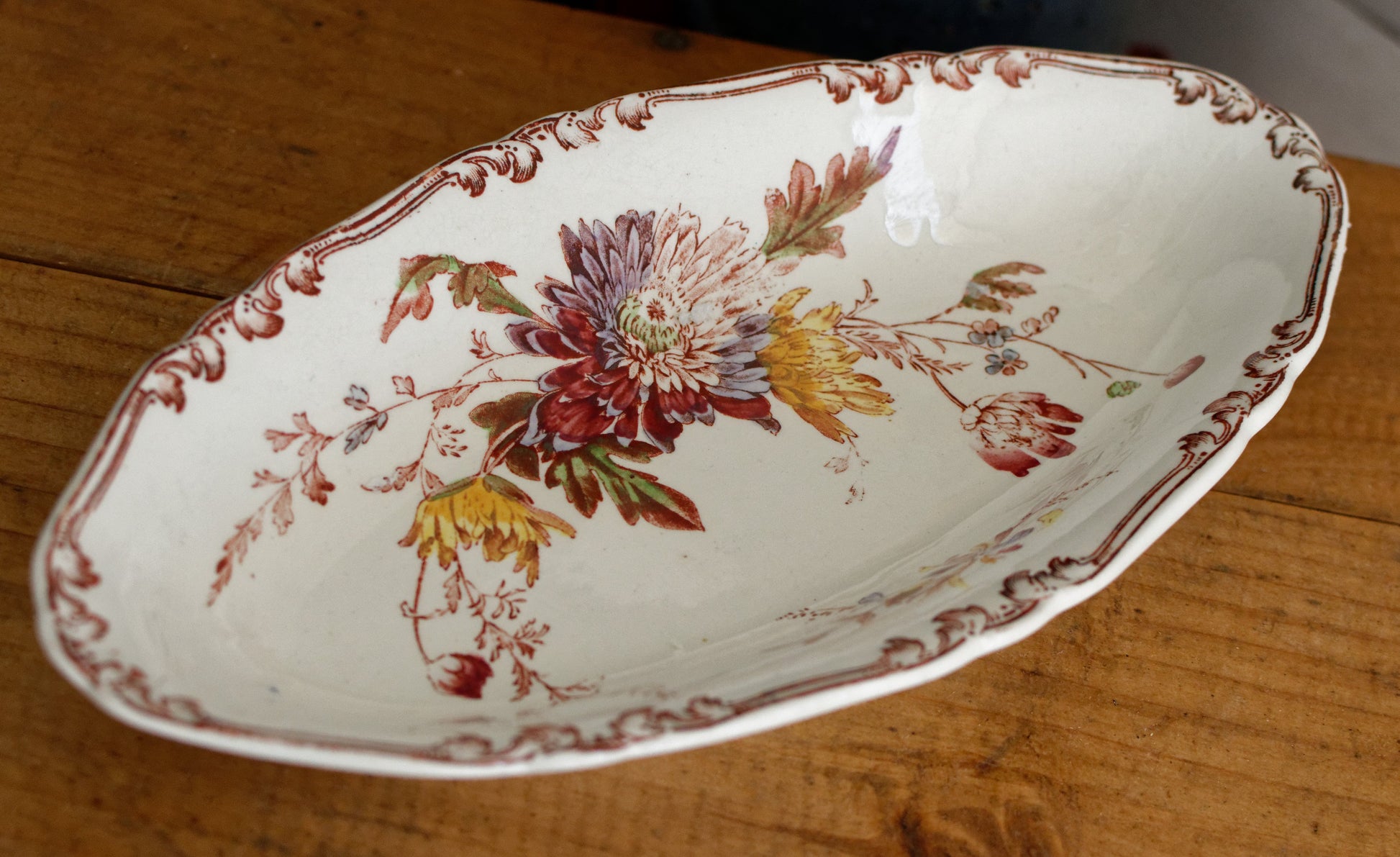 ALTHEA B&S Jules Etienne fils RARE Collectible English Antique Ironstone Polychrome Oval Serving Pieces Ravier Sauciere terre de fer faience