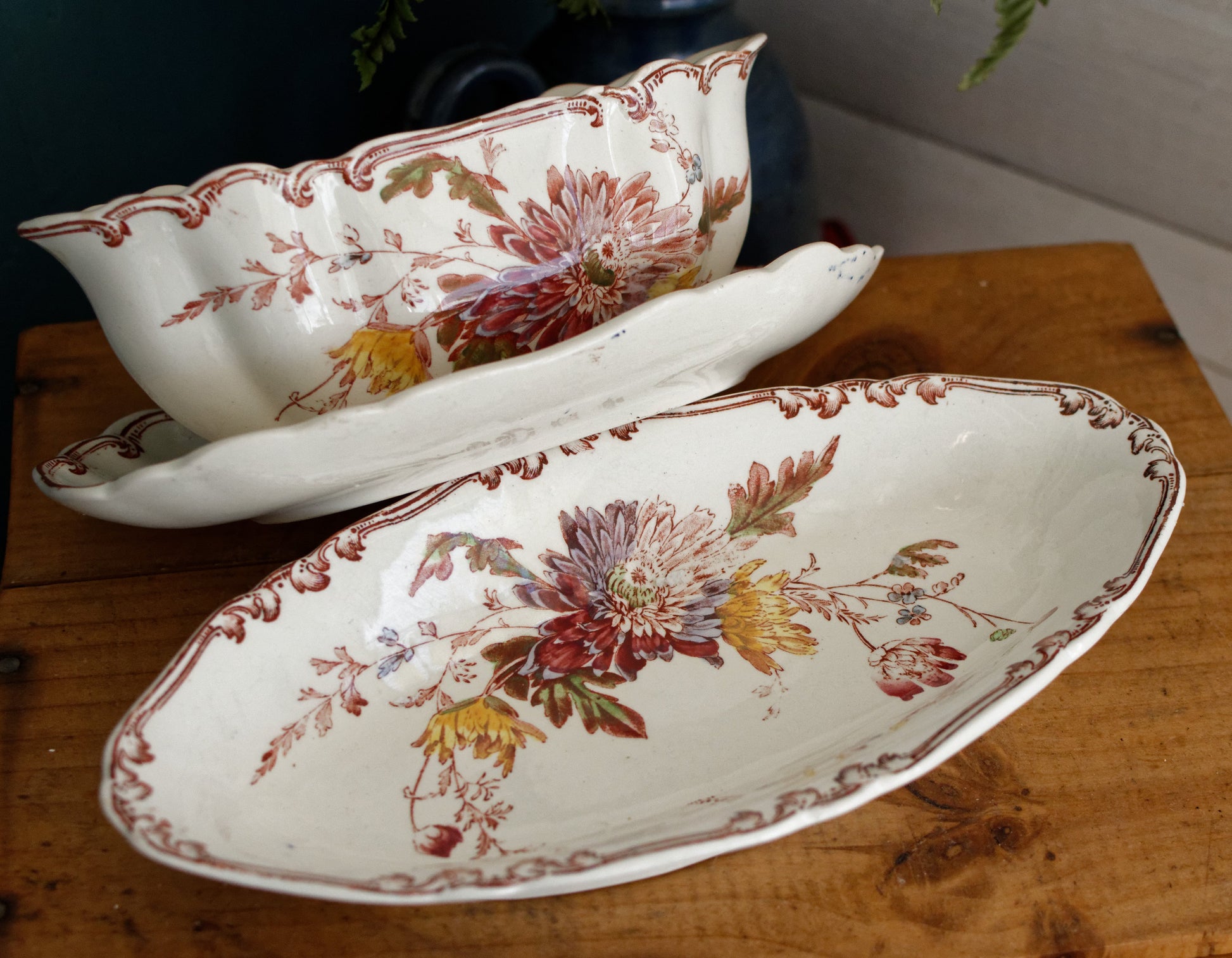 ALTHEA B&S Jules Etienne fils RARE Collectible English Antique Ironstone Polychrome Oval Serving Pieces Ravier Sauciere terre de fer faience