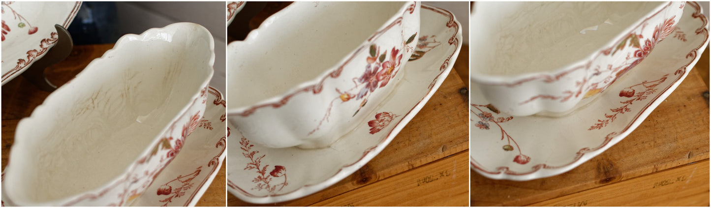 ALTHEA B&S Jules Etienne fils RARE Collectible English Antique Ironstone Polychrome Oval Serving Pieces Ravier Sauciere terre de fer faience