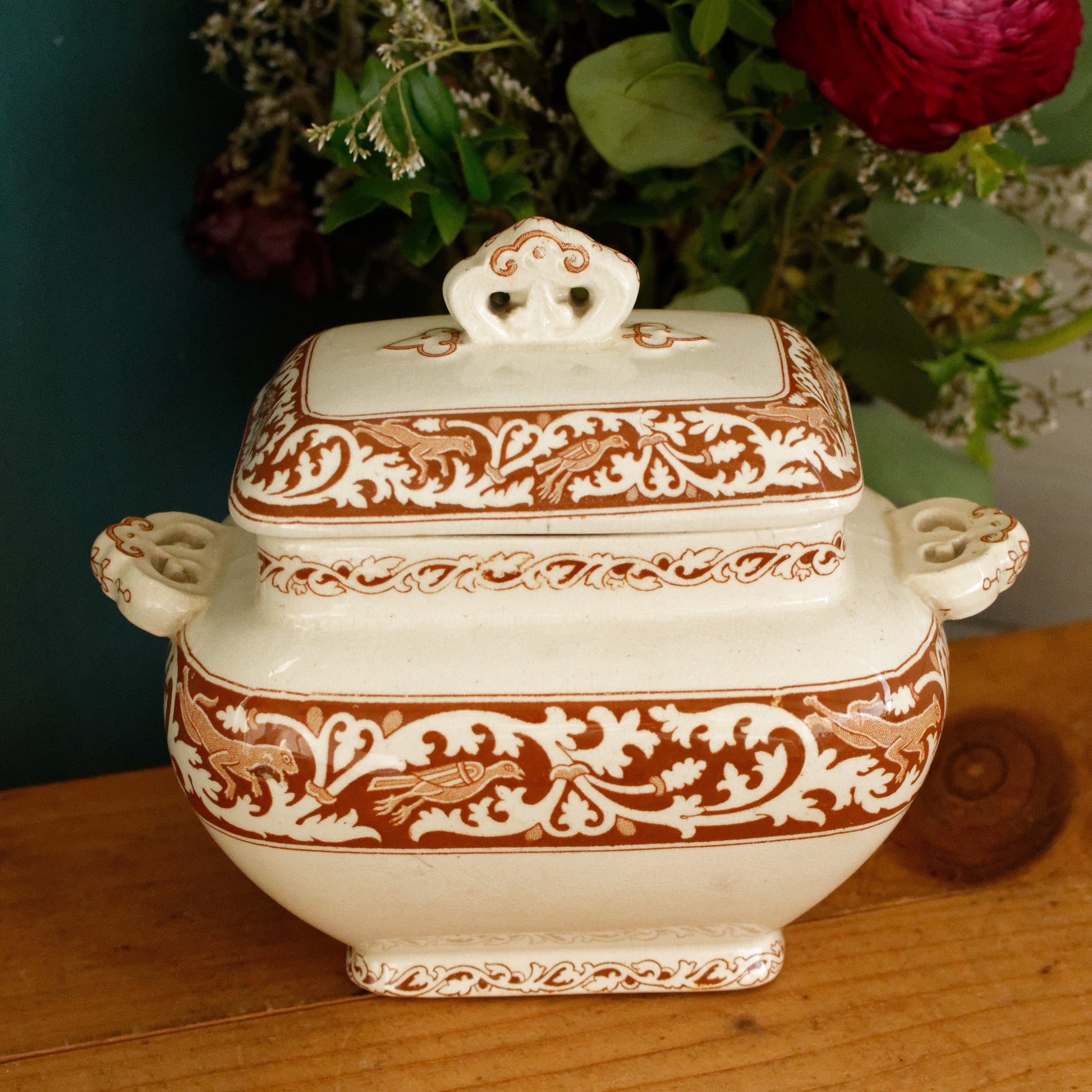 ANGLO SAXON 1790 James Gildea Late Mayers English Vintage Ironstone Brown Transferware Serving Piece Gravy Boat SAUCIER MADE IN England