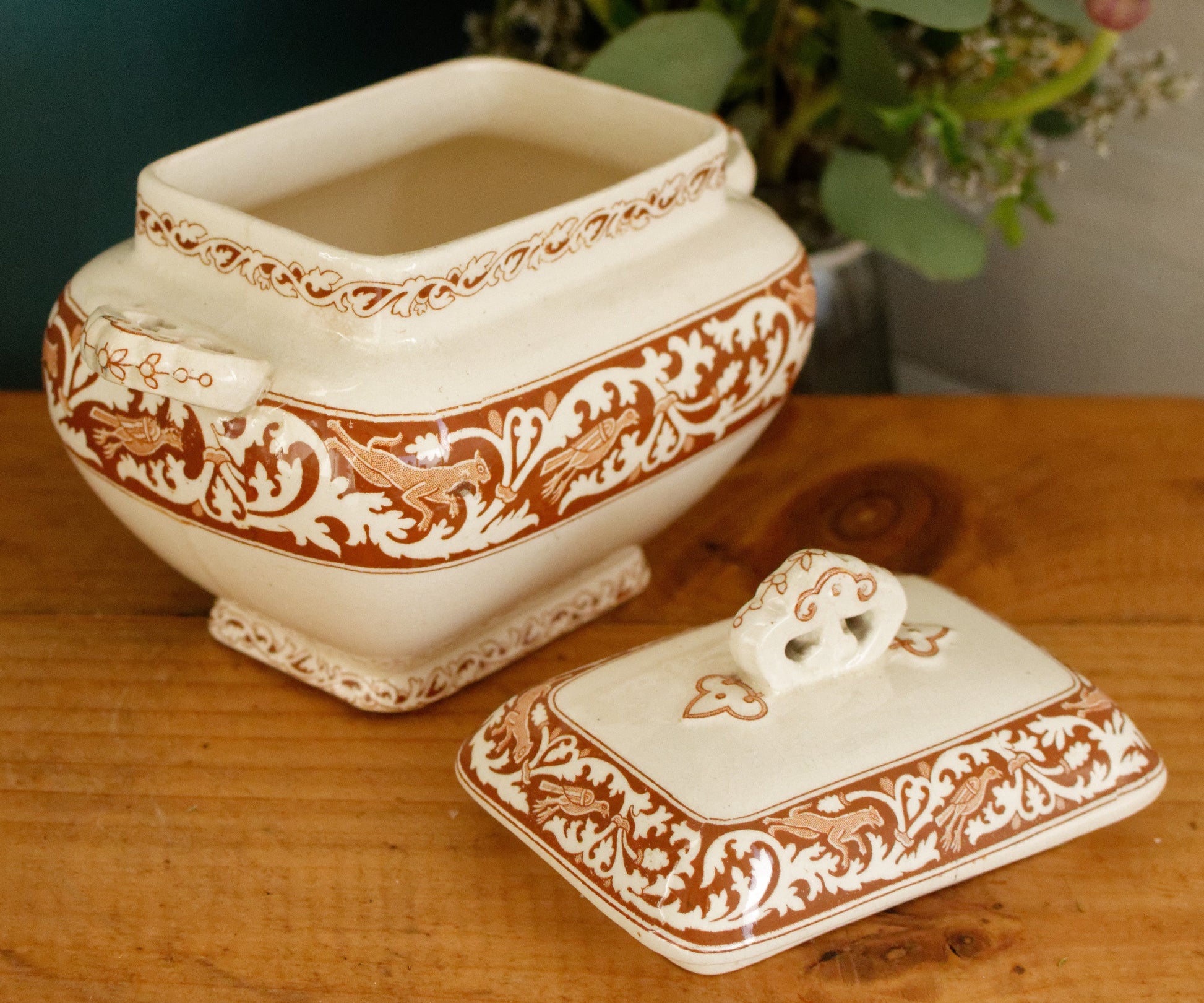 ANGLO SAXON 1790 James Gildea Late Mayers English Vintage Ironstone Brown Transferware Serving Piece Gravy Boat SAUCIER MADE IN England