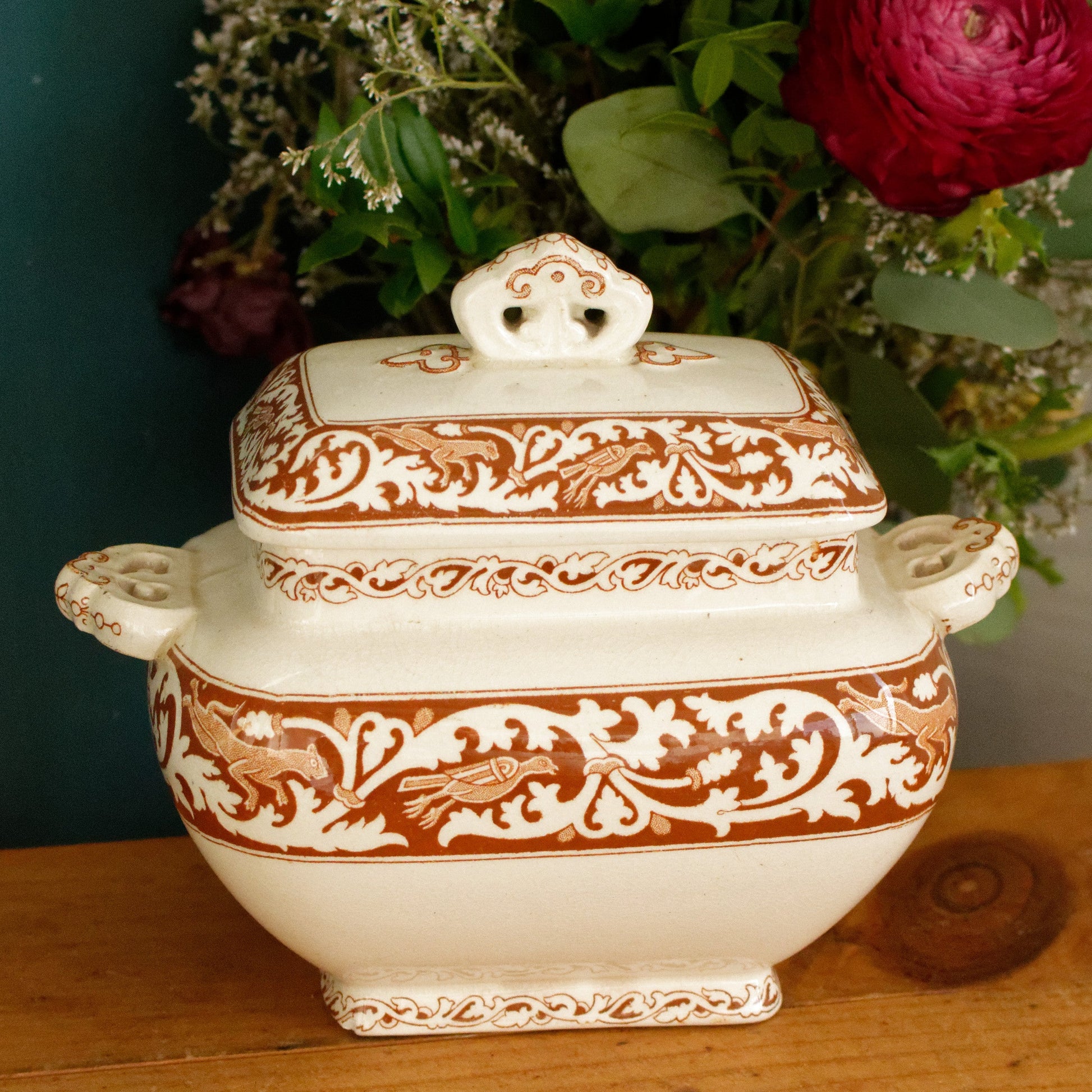 ANGLO SAXON 1790 James Gildea Late Mayers English Vintage Ironstone Brown Transferware Serving Piece Gravy Boat SAUCIER MADE IN England