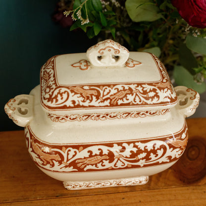 ANGLO SAXON 1790 James Gildea Late Mayers English Vintage Ironstone Brown Transferware Serving Piece Gravy Boat SAUCIER MADE IN England