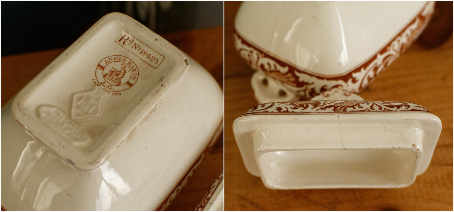 1890s ~ ANGLO SAXON 1790 James Gildea Late Mayers ~ English Vintage Ironstone Brown Transferware Serving Piece Gravy Boat "SAUCIER" ~ MADE IN England