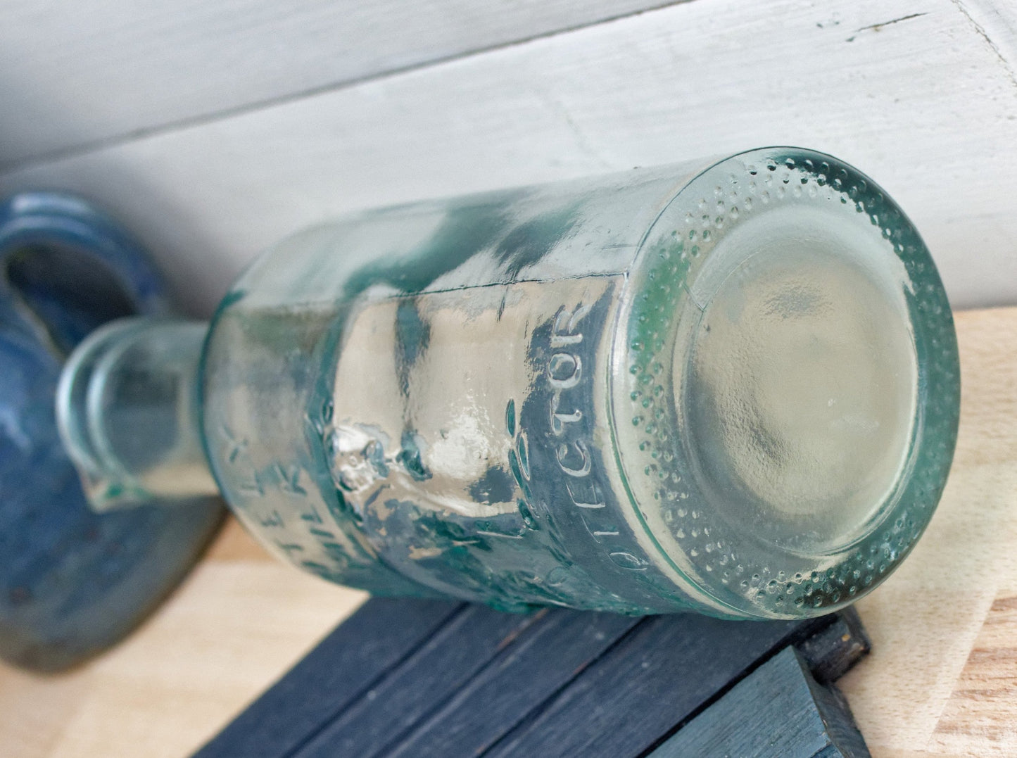 Vintage "ABSOLUTELY PURE Milk" Bottle  "The Milk Protector" Glass Milk Carafe 
Aqua Glassware Farmhouse Cow Scene