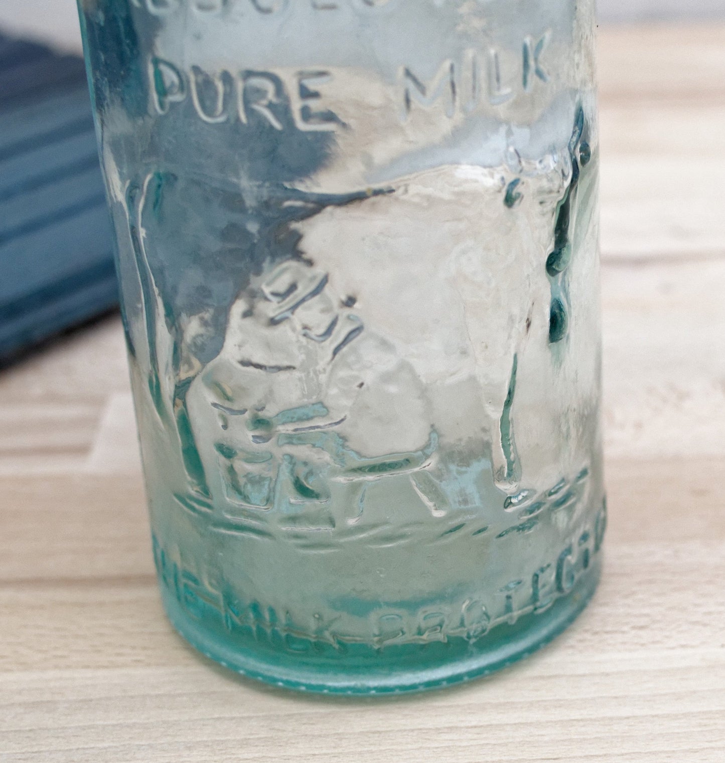 Vintage "ABSOLUTELY PURE Milk" Bottle  "The Milk Protector" Glass Milk Carafe 
Aqua Glassware Farmhouse Cow Scene