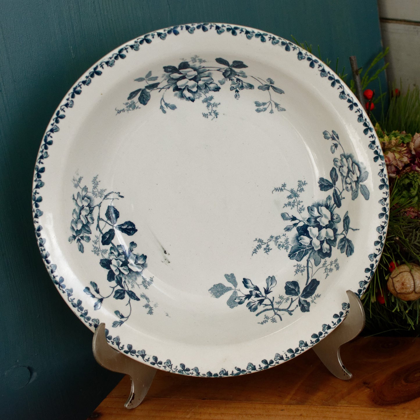 ACACIA Motif Moulins des Loups et Hamage Nord French Antique Ironstone Blue Transferware Round Serving Bowl Bol Creux Terre de fer en Faience