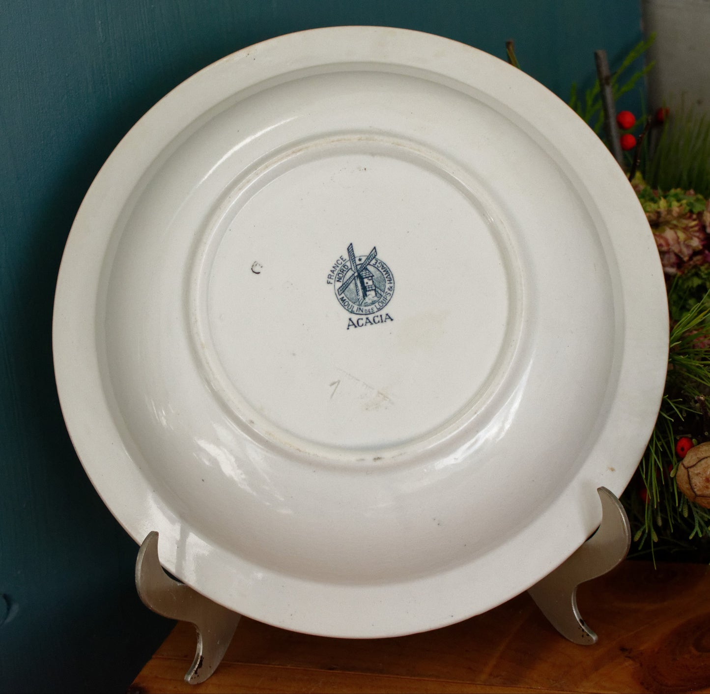 ACACIA Motif Moulins des Loups et Hamage Nord French Antique Ironstone Blue Transferware Round Serving Bowl Bol Creux Terre de fer en Faience