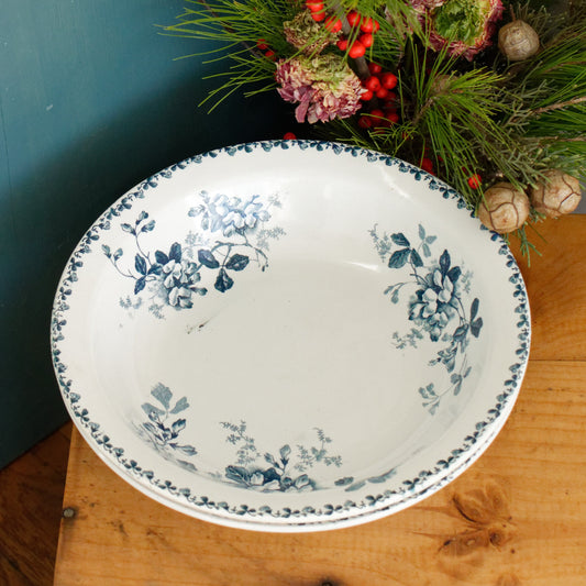 ACACIA Motif Moulins des Loups et Hamage Nord French Antique Ironstone Blue Transferware Round Serving Bowl Bol Creux Terre de fer en Faience