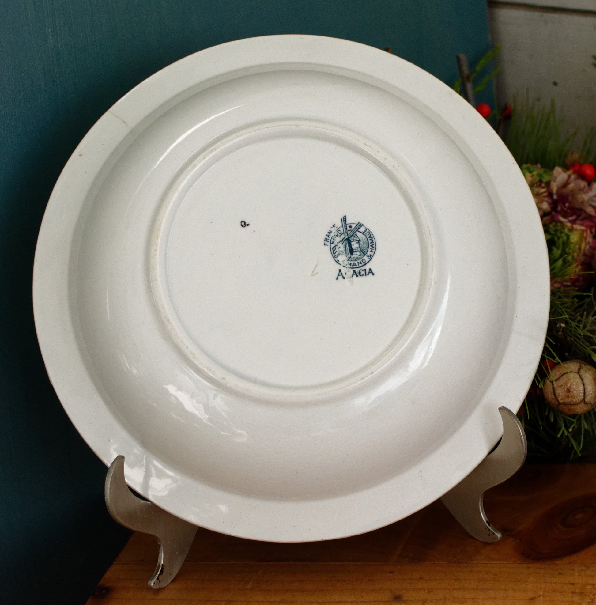 ACACIA Motif Moulins des Loups et Hamage Nord French Antique Ironstone Blue Transferware Round Serving Bowl Bol Creux Terre de fer en Faience