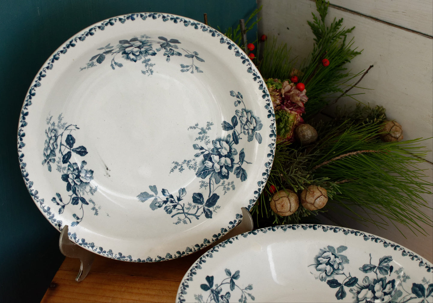 ACACIA Motif Moulins des Loups et Hamage Nord French Antique Ironstone Blue Transferware Round Serving Bowl Bol Creux Terre de fer en Faience