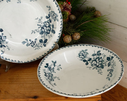 ACACIA Motif Moulins des Loups et Hamage Nord French Antique Ironstone Blue Transferware Round Serving Bowl Bol Creux Terre de fer en Faience