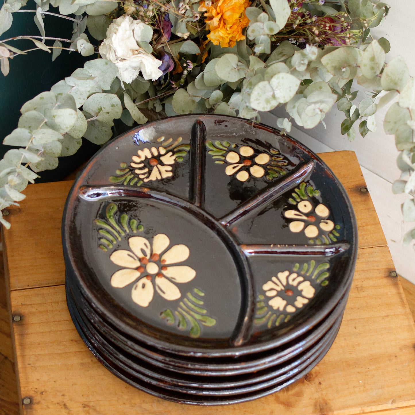ALSACE SOUFFLENHEIM French Vintage Glazed Ceramic Stoneware Fondue Plate Terra Cotta Sandstone