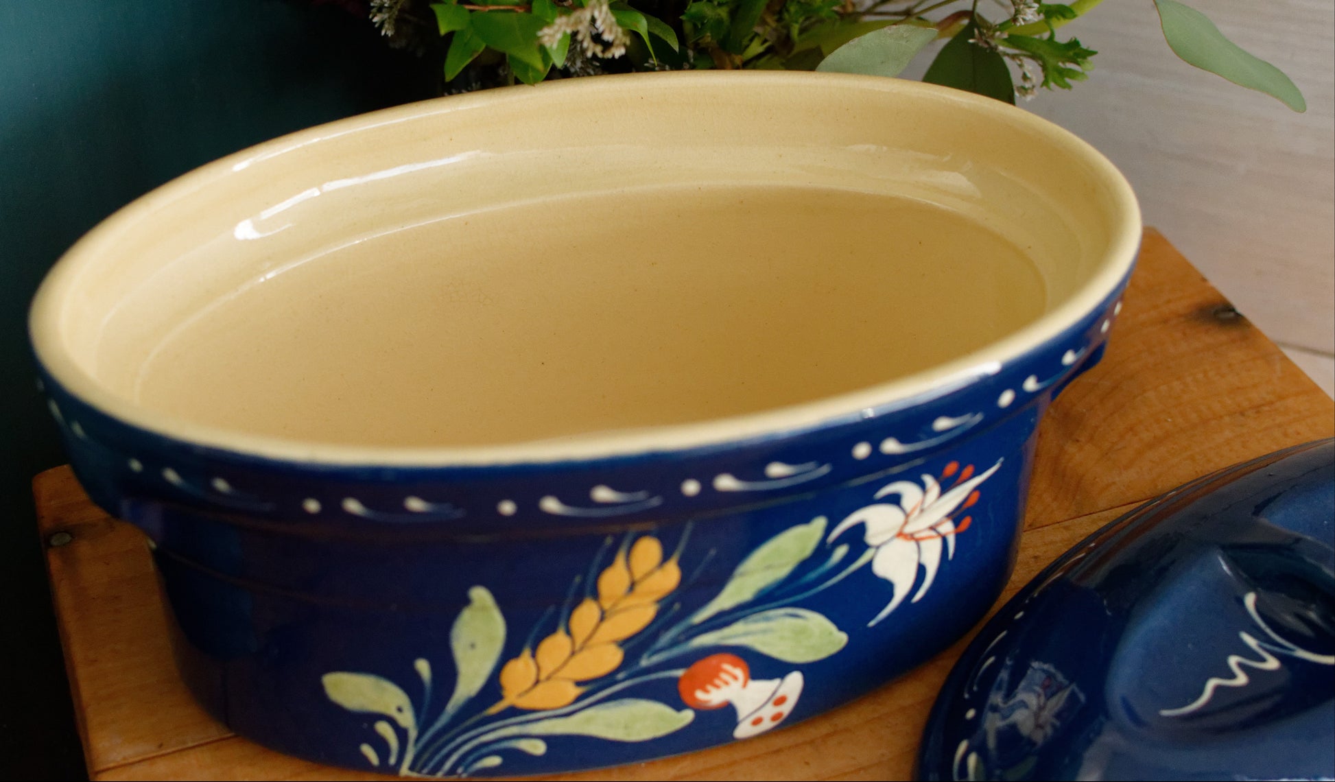 French Vintage Alsace SOUFFLENHEIM BAECKEOFFE Cocotte en Terre Cuite Cobalt Blue Oval Stoneware Lidded Terrine  Foie Gras Casserole Dish Made in France