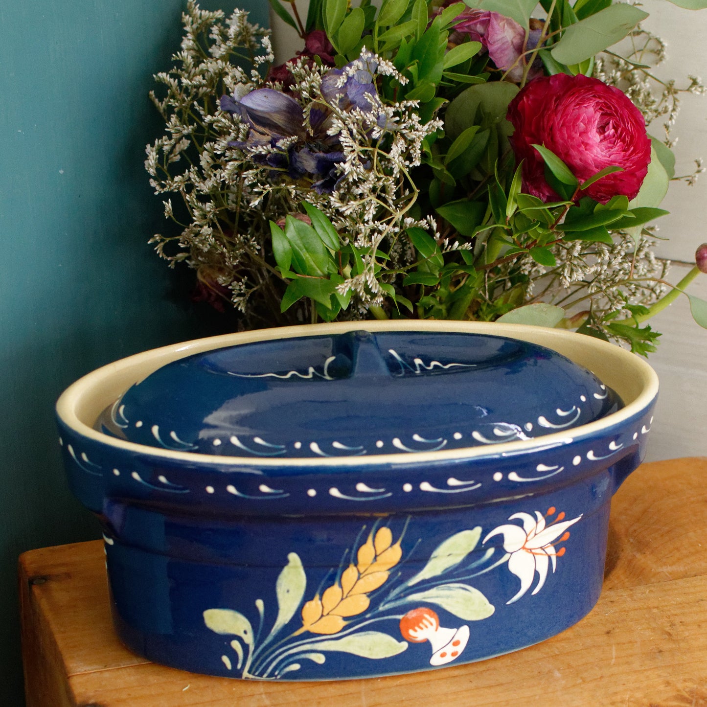 French Vintage Alsace SOUFFLENHEIM BAECKEOFFE Cocotte en Terre Cuite Cobalt Blue Oval Stoneware Lidded Terrine  Foie Gras Casserole Dish Made in France