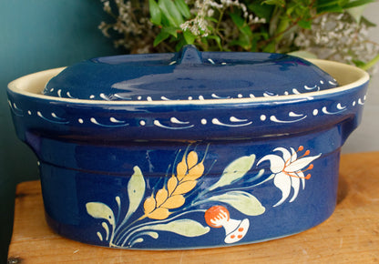 French Vintage Alsace SOUFFLENHEIM BAECKEOFFE Cocotte en Terre Cuite Cobalt Blue Oval Stoneware Lidded Terrine  Foie Gras Casserole Dish Made in France