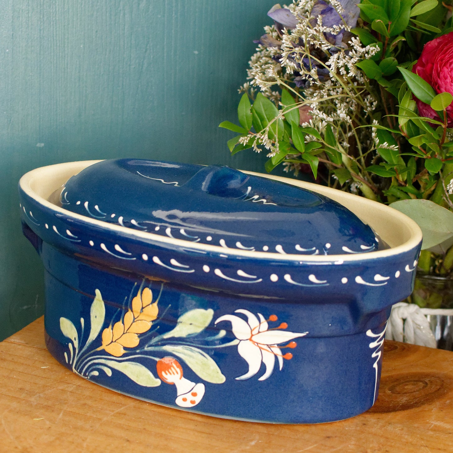 French Vintage Alsace SOUFFLENHEIM BAECKEOFFE Cocotte en Terre Cuite Cobalt Blue Oval Stoneware Lidded Terrine  Foie Gras Casserole Dish Made in France