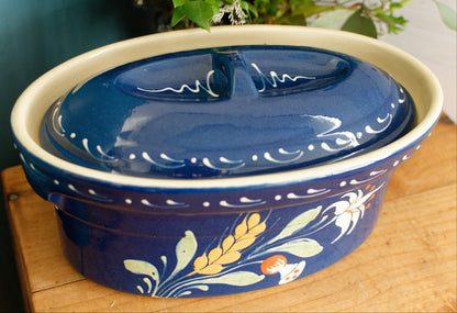 French Vintage Alsace SOUFFLENHEIM BAECKEOFFE Cocotte en Terre Cuite Cobalt Blue Oval Stoneware Lidded Terrine  Foie Gras Casserole Dish Made in France