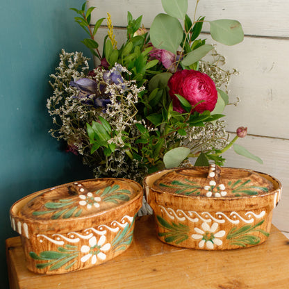 French Vintage Alsace SOUFFLENHEIM BAECKEOFFE Cocotte en Terre Cuite Set of 2 Brown Oval Stoneware Lidded Terrines  Foie Gras Casserole Dish  Made in France