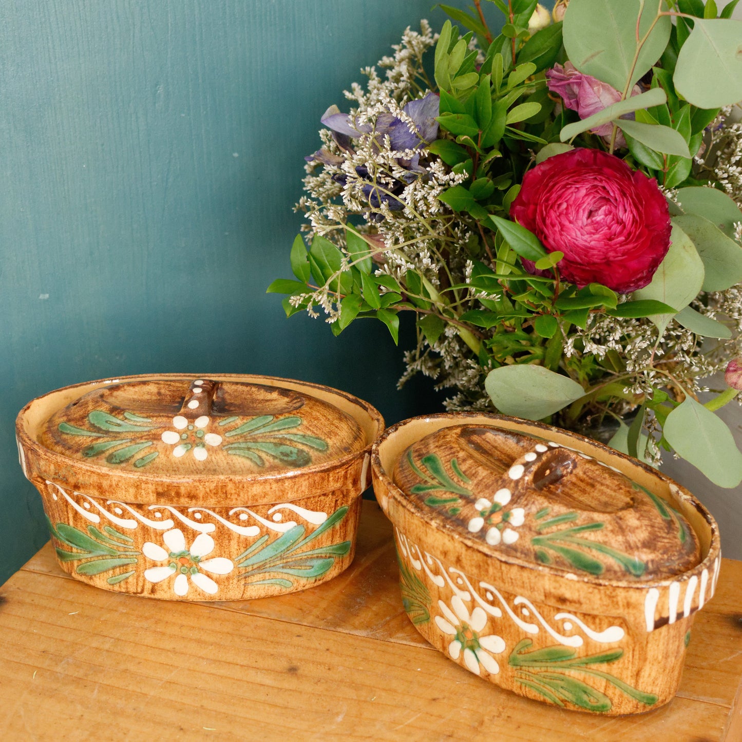 French Vintage Alsace SOUFFLENHEIM BAECKEOFFE Cocotte en Terre Cuite Set of 2 Brown Oval Stoneware Lidded Terrines  Foie Gras Casserole Dish  Made in France